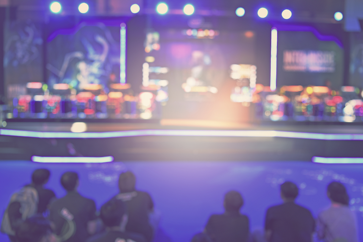 Blurred view of a dark game show set