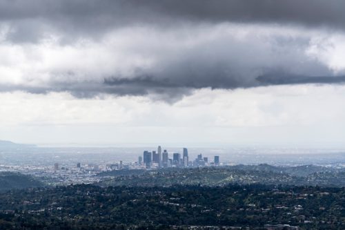 Dark storm clouds above Los Angeles in Southern California.