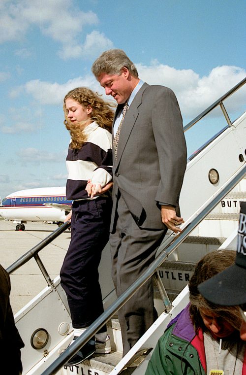 Chelsea and Bill Clinton exiting a plane in Chicago in 1992