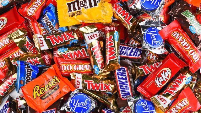 A large assortment of fun size candy bars for Halloween.