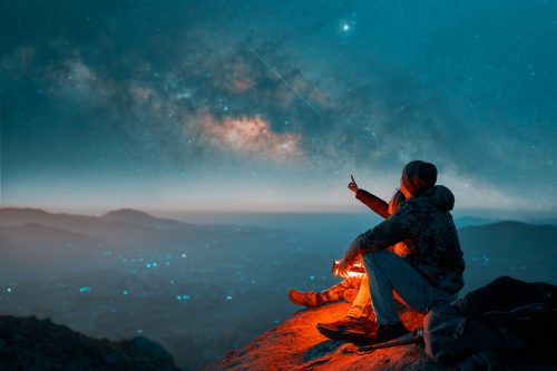 A couple looking at the Milky Way in the night sky