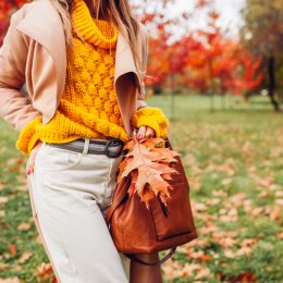 Close up of stylish woman holding handbag wearing yellow sweater in autumn park among red trees. Fall female clothes and accessories. Fashion. Space