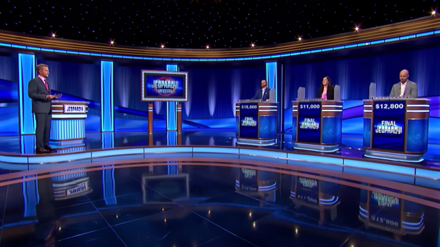 Ken Jennings and contestants on "Jeopardy!" in October 2023