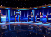 Ken Jennings and contestants on "Jeopardy!" in October 2023