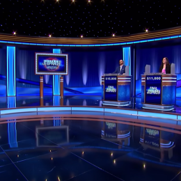 Ken Jennings and contestants on "Jeopardy!" in October 2023