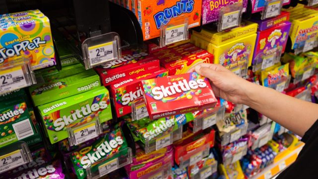 A package of Original Fruit Skittles in the supermarket