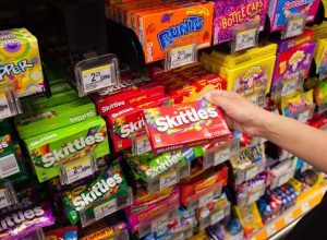 A package of Original Fruit Skittles in the supermarket