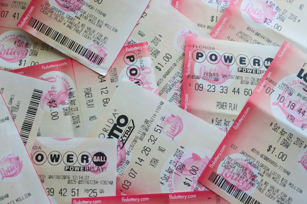 powerball lottery tickets in a pile
