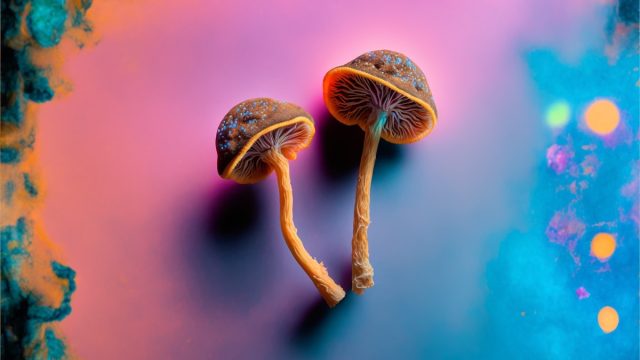 Two dried psilocybin mushrooms on a rainbow-coloured background.