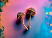 Two dried psilocybin mushrooms on a rainbow-coloured background.