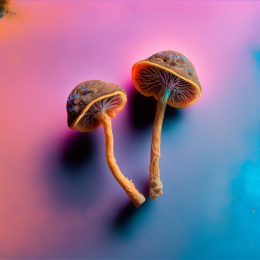Two dried psilocybin mushrooms on a rainbow-coloured background.