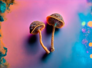 Two dried psilocybin mushrooms on a rainbow-coloured background.