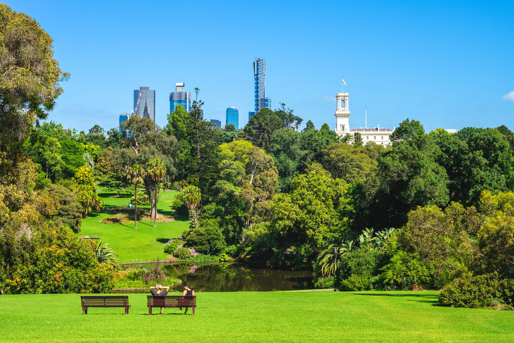 A wide shot of the Royal Botanic Gardens in Australia with a pair of benches in the foreground