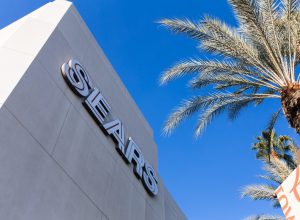 Burbank CA USA - January 8, 2017: Sears announced a second wave of store closures on Wednesday, bringing the total number of closures scheduled for early 2017 to 150. The company will shut down 108 Kmart stores and 42 Sears stores by April, according to an internal document obtained by Business Insider. Founded in Chicago in 1886, Sears is a chain of department stores with over 2,000 locations nationwide. The main entrance of a closing Sears department in California. The company was founded by Richard Warren Sears and Alvah Curtis Roebuck in 1893. After varies struggles some stores are closing in the US.