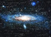image of the universe combined with mathematical equations to represent space mysteries