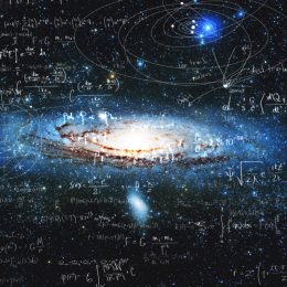 image of the universe combined with mathematical equations to represent space mysteries