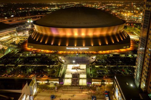The Superdome stadium, where the New Orleans Saints play, at night