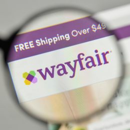 A close up of the Wayfair logo on the company's website