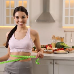 Happy woman measuring waist with tape in kitchen