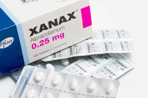 Geneva/Switzerland – 03.03.2019 : Xanax pills anxiolytic anti-depressant medication therapy drugs
