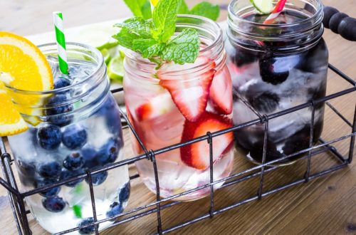 Glasses of Water with Blueberries and Strawberries