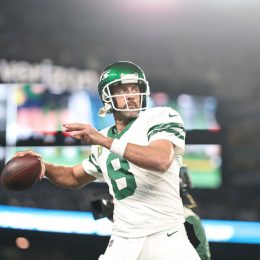 Aaron Rodgers #8 of the New York Jets passes as he warms up prior to a game against the Buffalo Bills at MetLife Stadium on September 11, 2023 in East Rutherford, New Jersey.