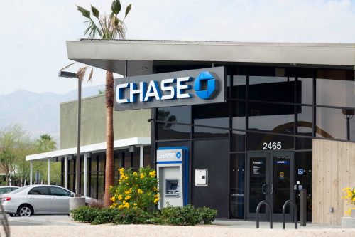 Palm Springs, California, USA - May 5, 2013: A Chase Bank branch and ATM in Palm Springs. JPMorgan Chase Bank, or Chase, has more than 5100 branches and is one of the big four banks of the United States.
