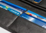 Close up of an open wallet with credit cards with Chase,Chase Disney,Citi Simplicity and Master card logos (for editorial use only)