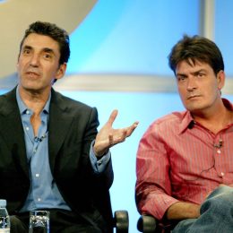 Chuck Lorre and Charlie Sheen at the CBS 2005 Television Critics Association Summer Press Tour