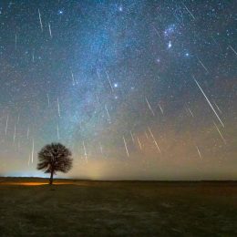 A wide shot of the night sky with dozens of meteors streaking