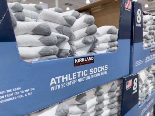 A view of several packages of Kirkland Signature athletic socks, on display at a local Costco.