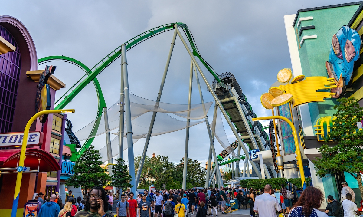 Guests walking through the rides at Universal Studios in Orlando.