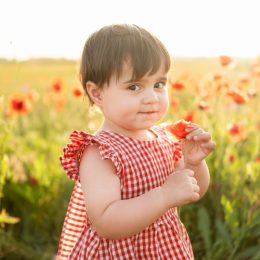 little girl in a red dress holding a flower in front of a field of poppies