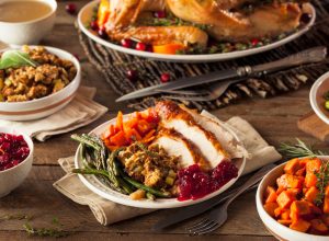 Full Homemade Thanksgiving Dinner with Turkey Stuffing Veggies and Potatos