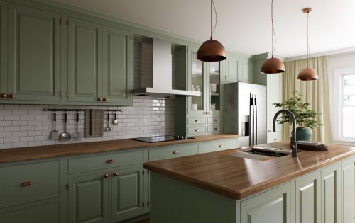 Green kitchen interior with island. Stylish kitchen with wooden worktops. Cozy olive kitchen with utensils and appliances. Kitchen and dining room. 3D visualization
