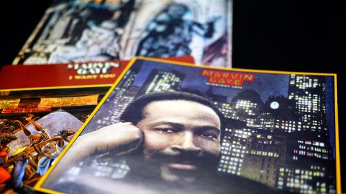 CDs and artwork of American singer, songwriter and record producer MARVIN GAYE.