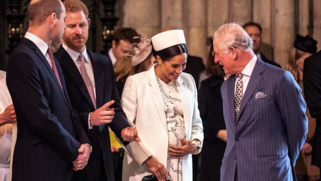Prince William, Prince Harry, Meghan Markle, and Prince Charles at Westminster Abbey in 2019