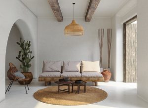 Living Room Interior With Sofa, Wicker Armchair, Cactus Plant And Coffee Table