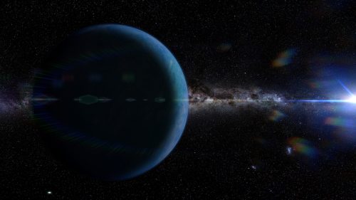 the hypothetical planet nine in front the Milky Way galaxy and lit by the Sun