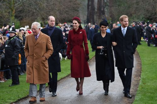 Charles, William, Kate Middleton, Meghan Markle, and Harry at St. Mary Magdalene Church in December 2018