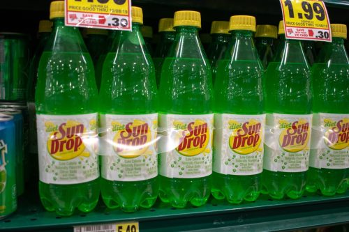 diet sun drop soda on shelf