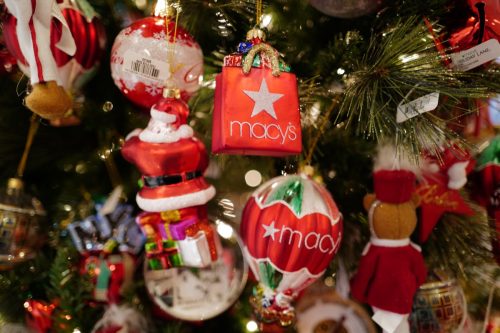 macy's ornaments on a christmas tree