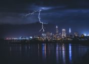 Thunder crackles in the night sky over Cleveland Ohio