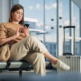 A woman sitting in the airport with her luggage while looking at her phone