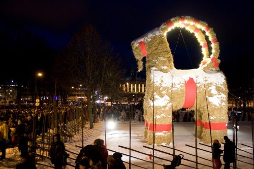 GAvle Christmas Goat standing near the city Library and river in GAvle, Sweden