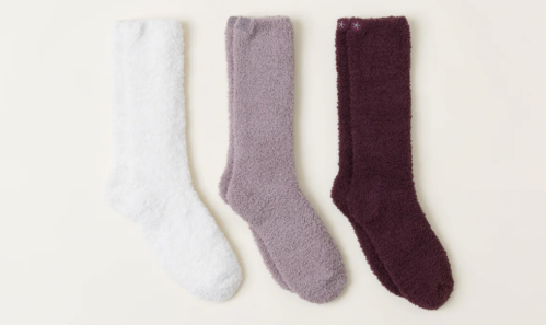 Product shot of three pairs of Barefoot Drams CozyChic socks