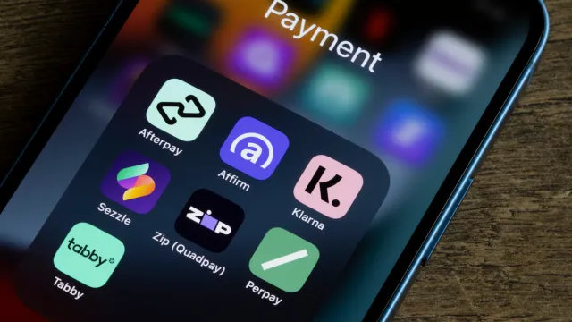 Portland, OR, USA - Oct 20, 2021: Assorted payment apps offering Buy Now Pay Later services are seen on an iPhone, including Afterpay, Affirm, Klarna, Sezzle, Zip (Quadpay), Perpay, and Tabby.