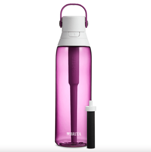 Product shot of a purple Brita filtered water bottle from Walmart
