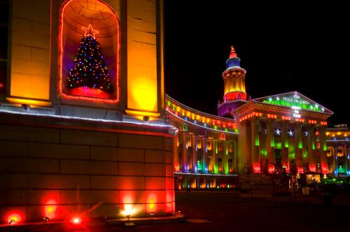 Denver City and Country Building with Holiday Lights Glowing. ProPhoto RGB.