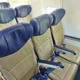 Interior view of empty seats on an airplane from Southwest Airlines